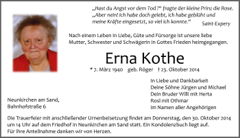 Traueranzeige von Erna Kothe von Pegnitz-Zeitung
